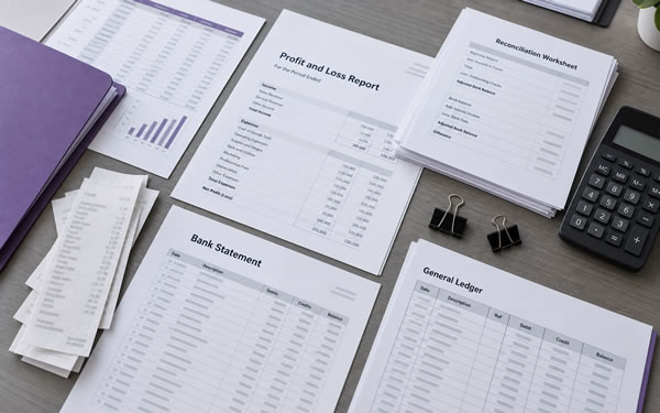 Tablet showing financial reports next to ledgers and a calculator
