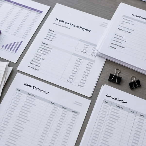 Bookkeeping ledgers, reconciliations and financial reports on a desk
