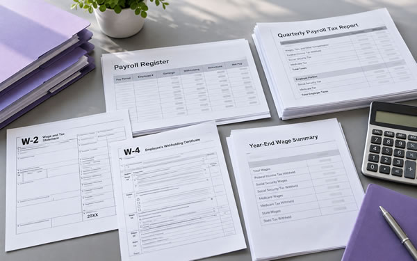 Payroll register, W-4 and quarterly payroll reports