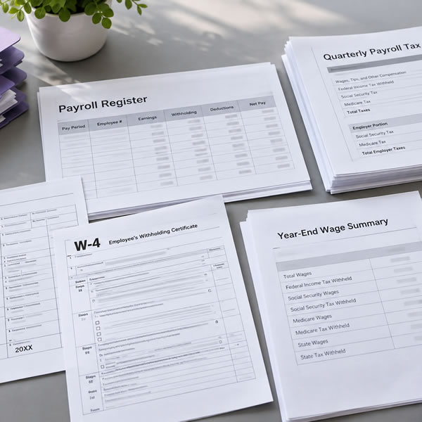 Payroll register and year-end payroll reports in an organized folder