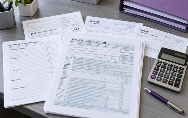 Laptop with a client portal open beside W-2 and 1099 forms