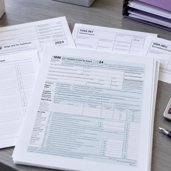 Personal tax documents, W-2 and 1099 forms organized in a folder