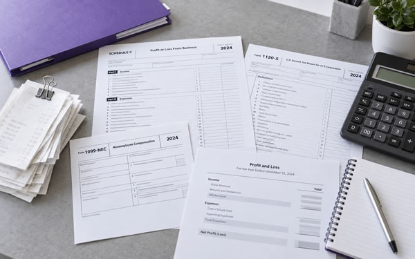 Small-business tax forms, receipts and a calculator on a desk