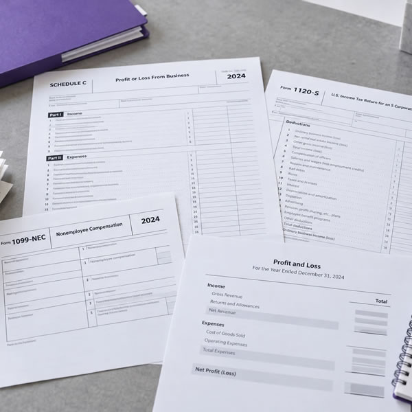 Small-business tax forms, receipts and records ready for review