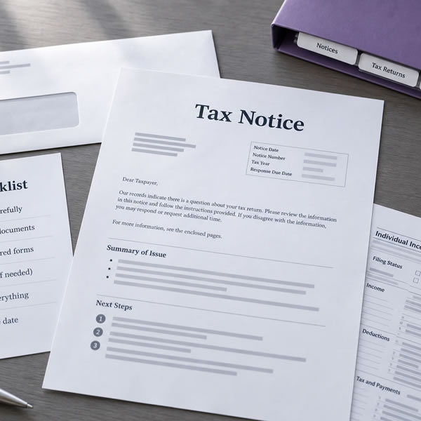 IRS tax notice letter with supporting tax records