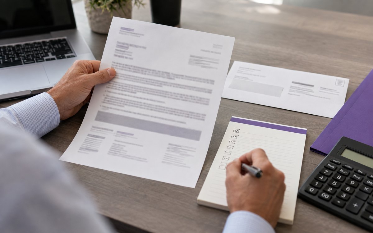 Person reading a tax notice letter and taking notes