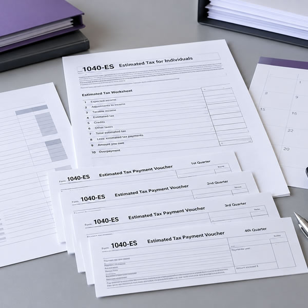 Tax planning worksheets and a calendar marked with upcoming deadlines