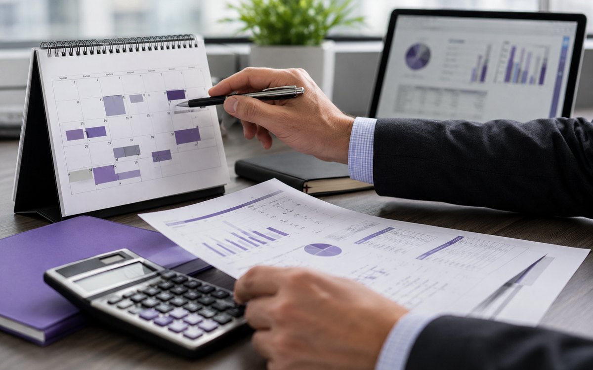 Advisor reviewing charts and a calendar while planning ahead