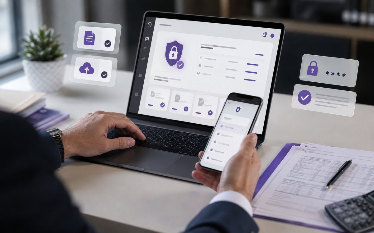 Secure client portal open on a laptop and a phone