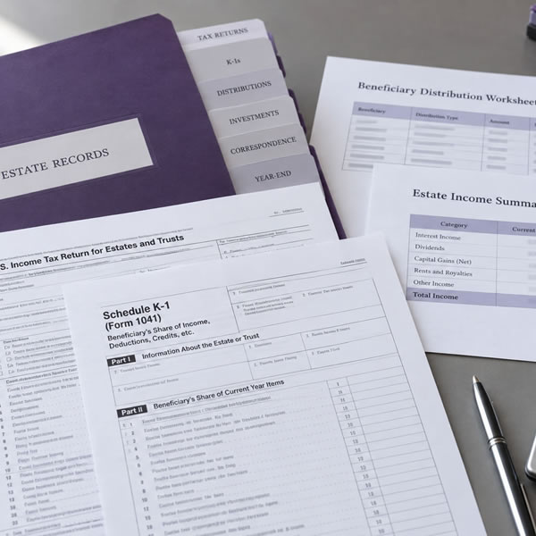 Trust and estate tax records with fiduciary income documents